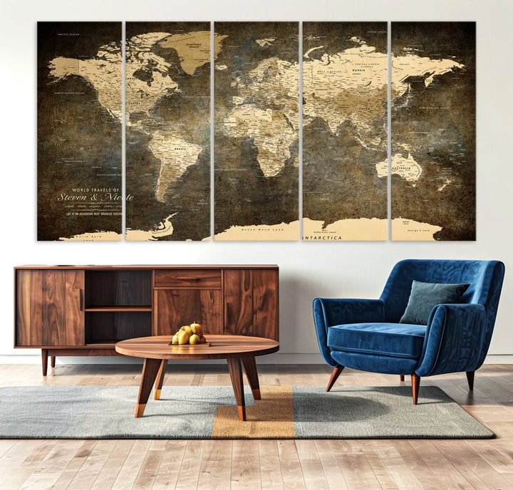 A woman beams with joy as she holds a large framed Personalized World Map Wall Art, capturing the essence of adventure and wanderlust.