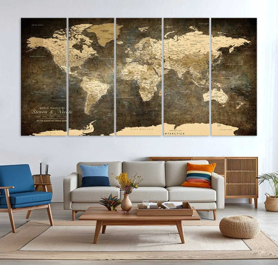 A woman beams with joy as she holds a large framed Personalized World Map Wall Art, capturing the essence of adventure and wanderlust.