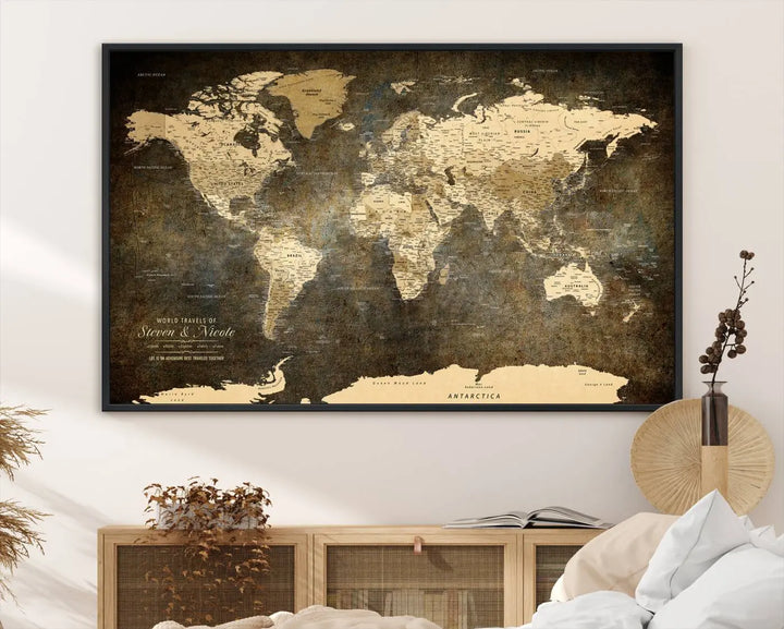 A woman beams with joy as she holds a large framed Personalized World Map Wall Art, capturing the essence of adventure and wanderlust.