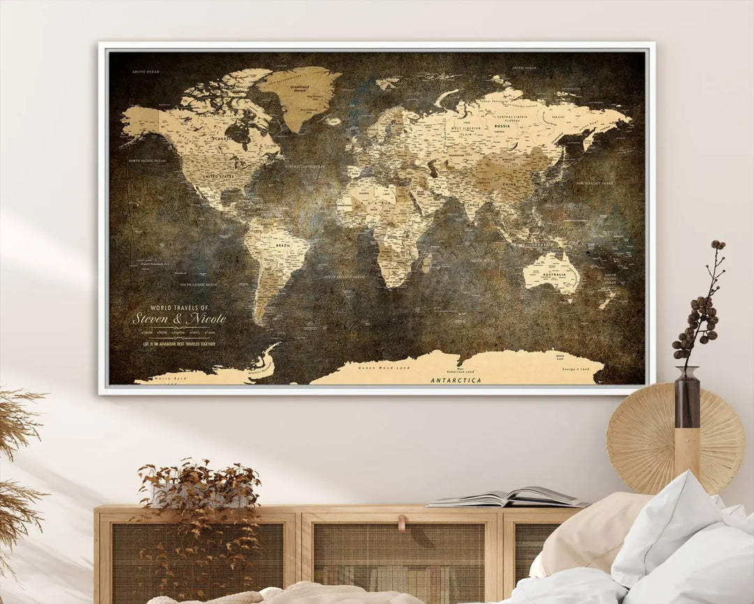 A woman beams with joy as she holds a large framed Personalized World Map Wall Art, capturing the essence of adventure and wanderlust.