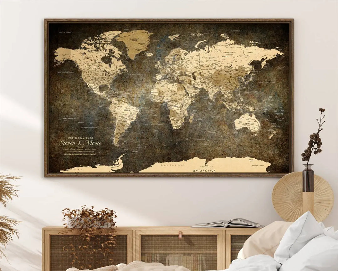 A woman beams with joy as she holds a large framed Personalized World Map Wall Art, capturing the essence of adventure and wanderlust.