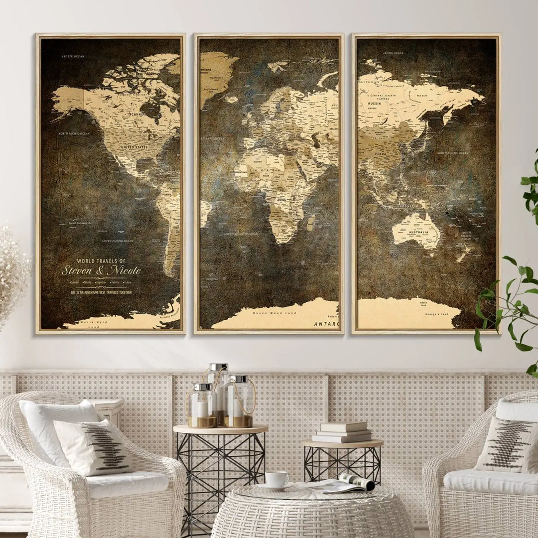 A woman beams with joy as she holds a large framed Personalized World Map Wall Art, capturing the essence of adventure and wanderlust.