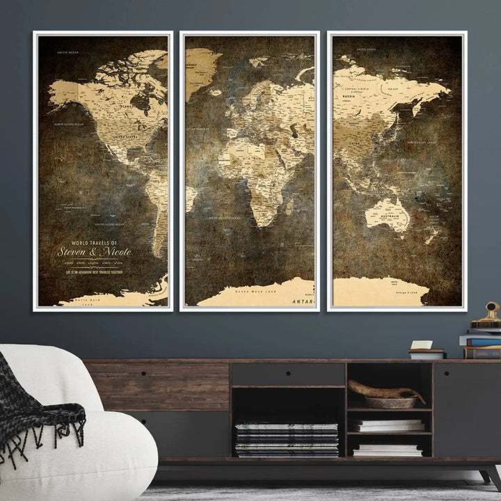 A woman beams with joy as she holds a large framed Personalized World Map Wall Art, capturing the essence of adventure and wanderlust.