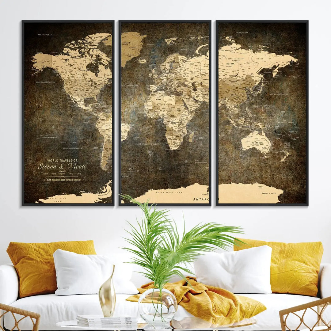 A woman beams with joy as she holds a large framed Personalized World Map Wall Art, capturing the essence of adventure and wanderlust.