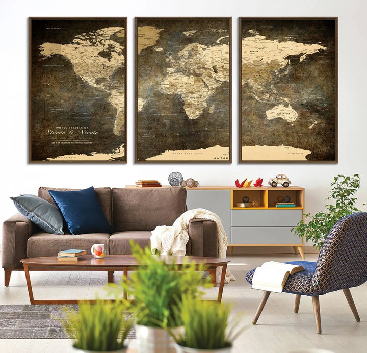 A woman beams with joy as she holds a large framed Personalized World Map Wall Art, capturing the essence of adventure and wanderlust.