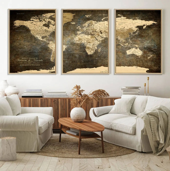 A woman beams with joy as she holds a large framed Personalized World Map Wall Art, capturing the essence of adventure and wanderlust.