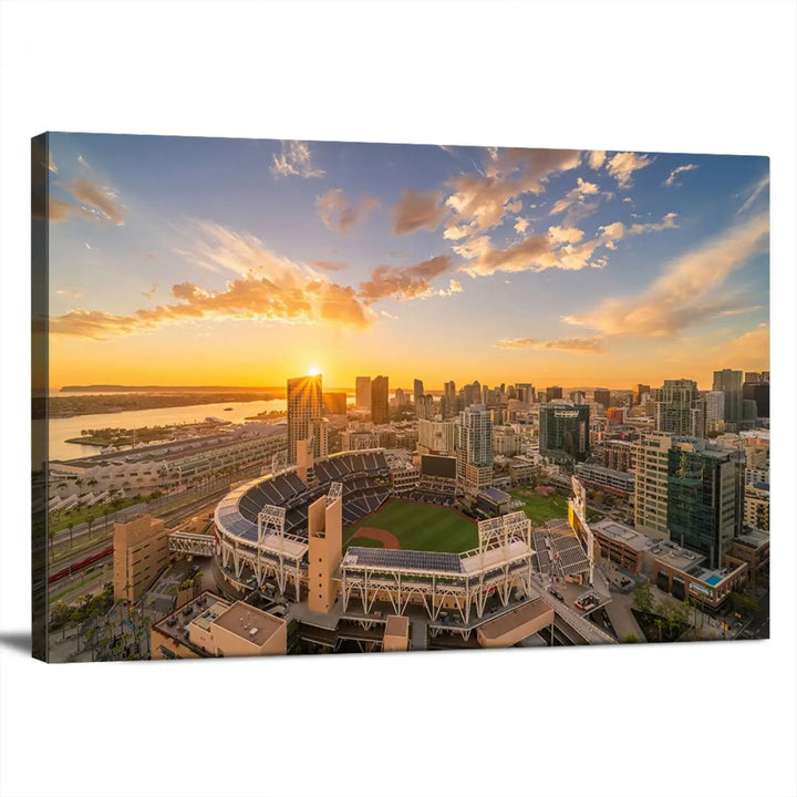 This Petco Park Sunset Triple Canvas Wall Art beautifully captures a vibrant San Diego cityscape at sunset, showcasing the iconic glow of Petco Park and high-rise buildings against a colorful sky.