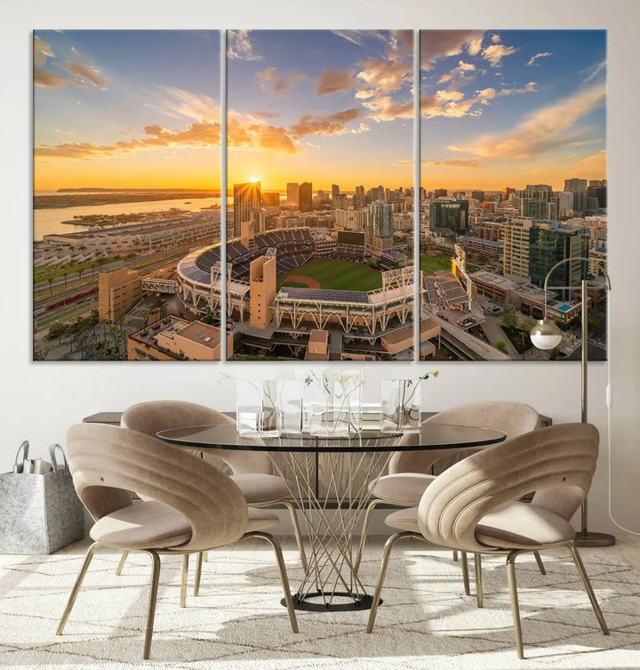 This Petco Park Sunset Triple Canvas Wall Art beautifully captures a vibrant San Diego cityscape at sunset, showcasing the iconic glow of Petco Park and high-rise buildings against a colorful sky.