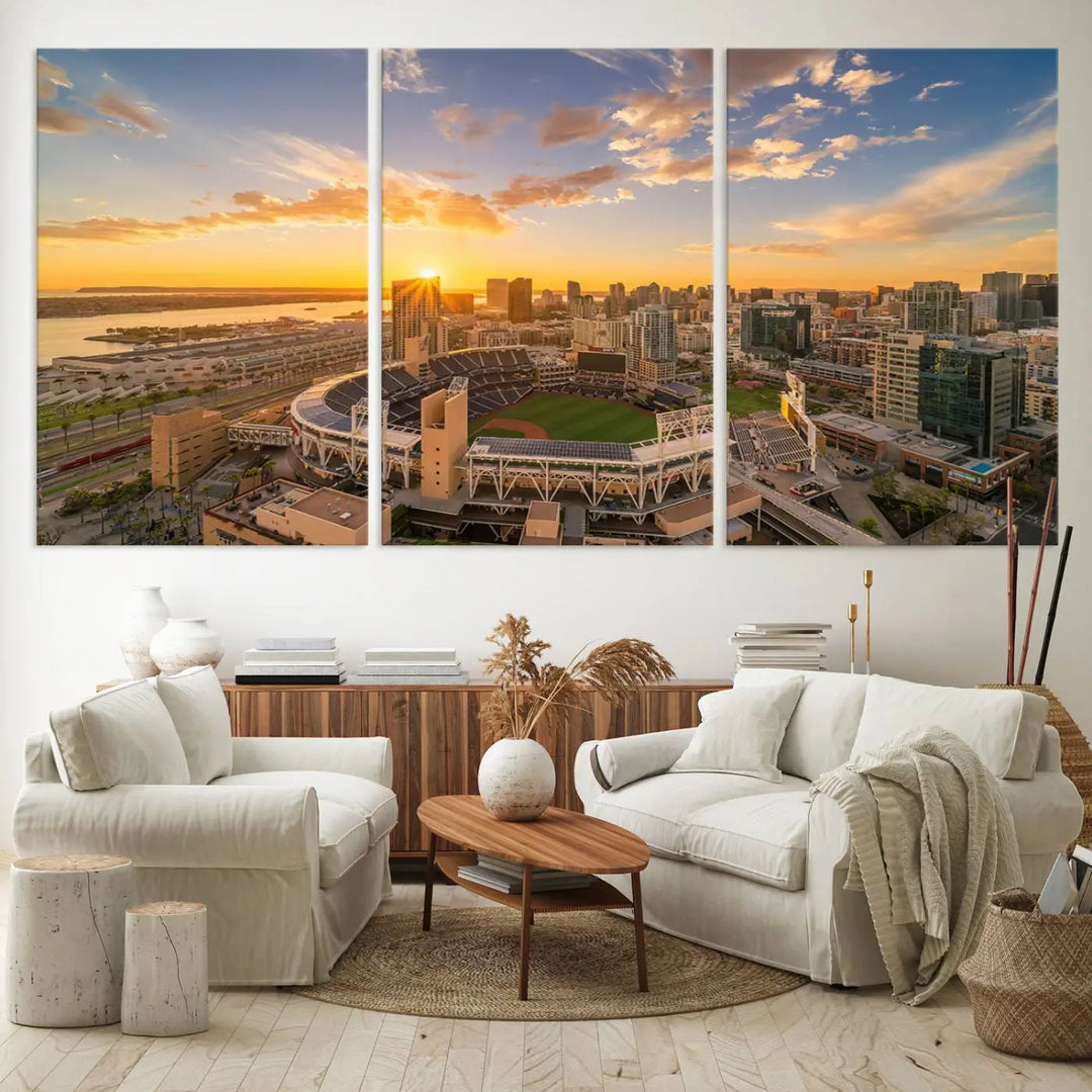 This Petco Park Sunset Triple Canvas Wall Art beautifully captures a vibrant San Diego cityscape at sunset, showcasing the iconic glow of Petco Park and high-rise buildings against a colorful sky.