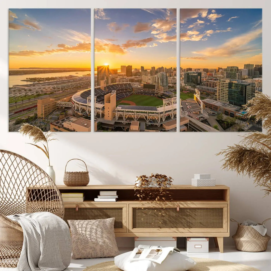 This Petco Park Sunset Triple Canvas Wall Art beautifully captures a vibrant San Diego cityscape at sunset, showcasing the iconic glow of Petco Park and high-rise buildings against a colorful sky.