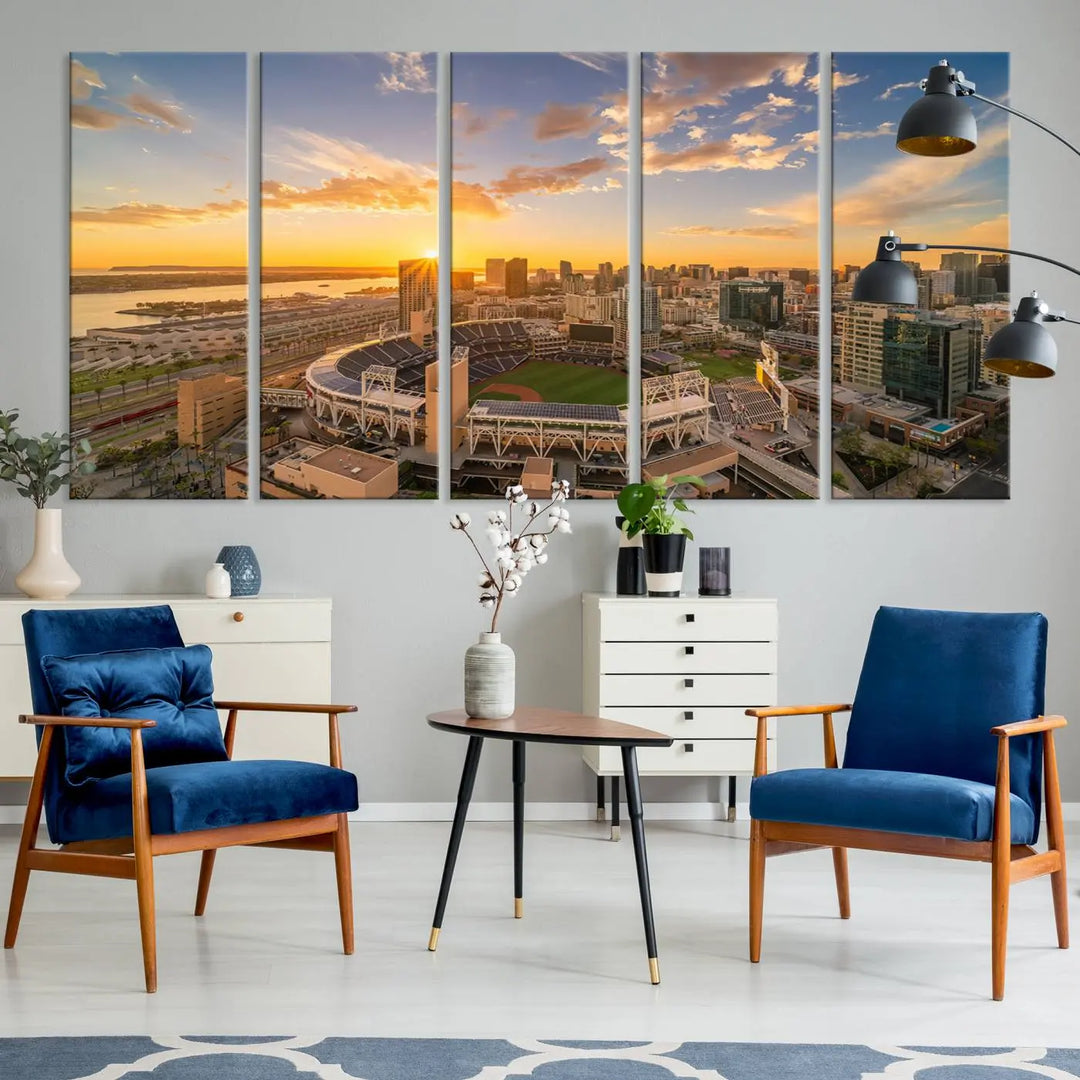 This Petco Park Sunset Triple Canvas Wall Art beautifully captures a vibrant San Diego cityscape at sunset, showcasing the iconic glow of Petco Park and high-rise buildings against a colorful sky.