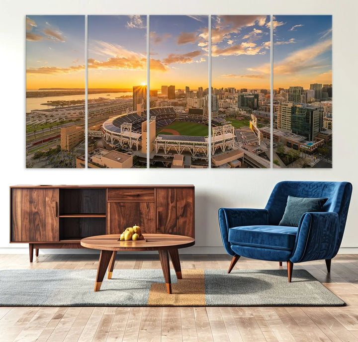 This Petco Park Sunset Triple Canvas Wall Art beautifully captures a vibrant San Diego cityscape at sunset, showcasing the iconic glow of Petco Park and high-rise buildings against a colorful sky.