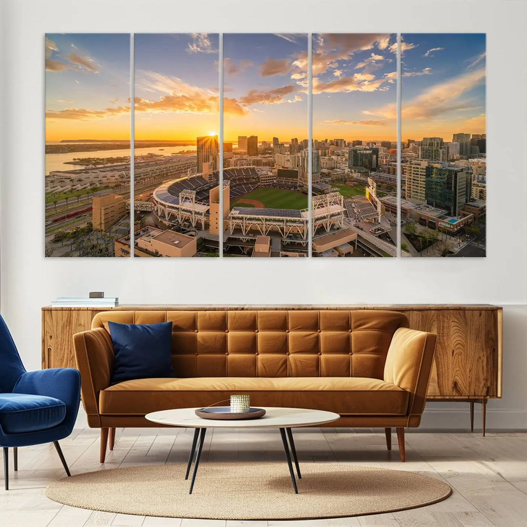 This Petco Park Sunset Triple Canvas Wall Art beautifully captures a vibrant San Diego cityscape at sunset, showcasing the iconic glow of Petco Park and high-rise buildings against a colorful sky.