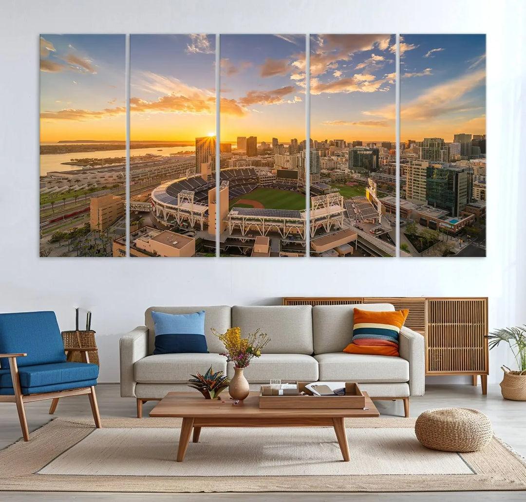 This Petco Park Sunset Triple Canvas Wall Art beautifully captures a vibrant San Diego cityscape at sunset, showcasing the iconic glow of Petco Park and high-rise buildings against a colorful sky.