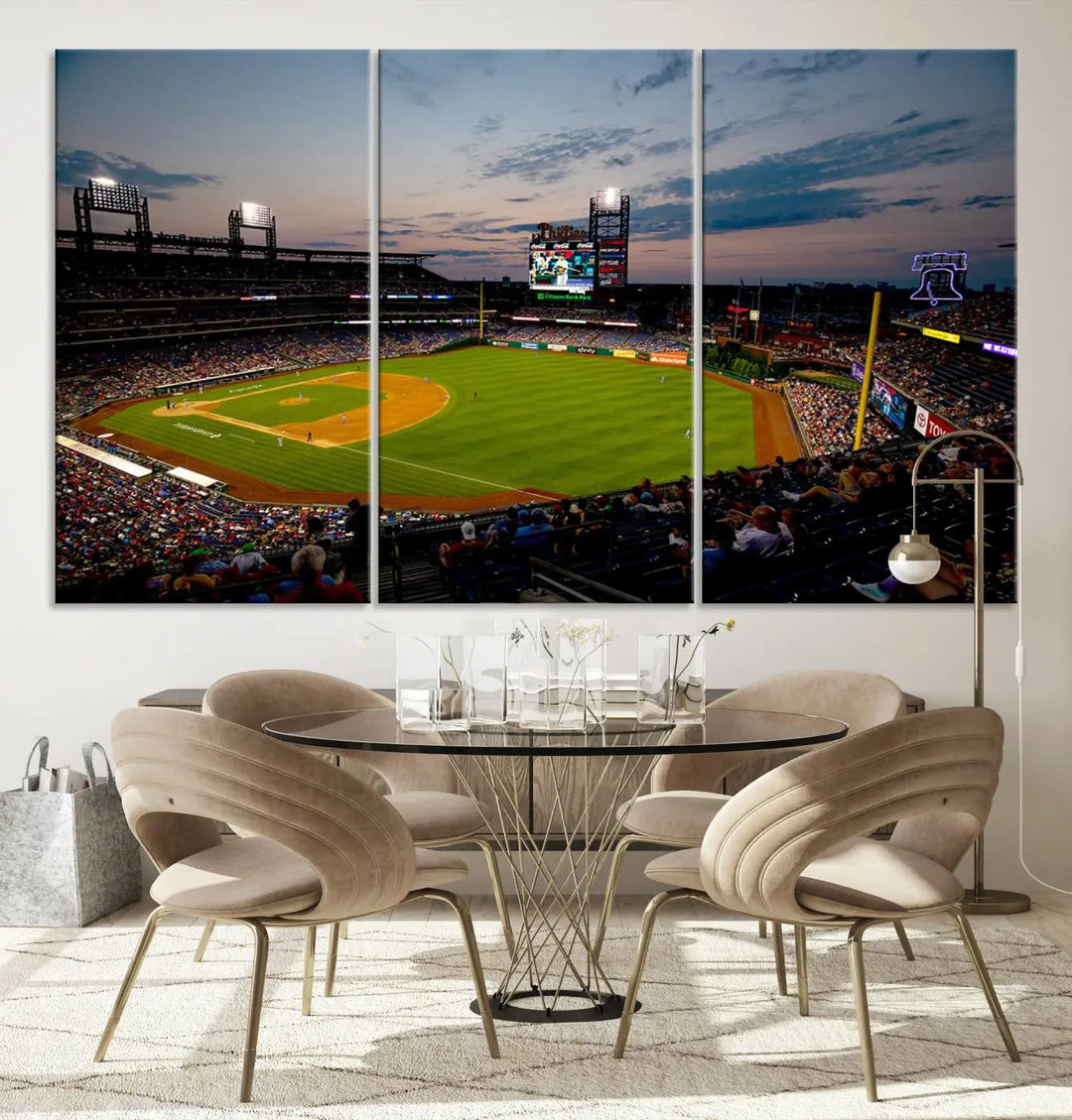 A gallery-quality wall art piece titled "Philadelphia Phillies Baseball Team Print - Citizens Bank Park Stadium Wall Art Canvas Print," showcasing a baseball stadium at sunset, is displayed above the dining area.