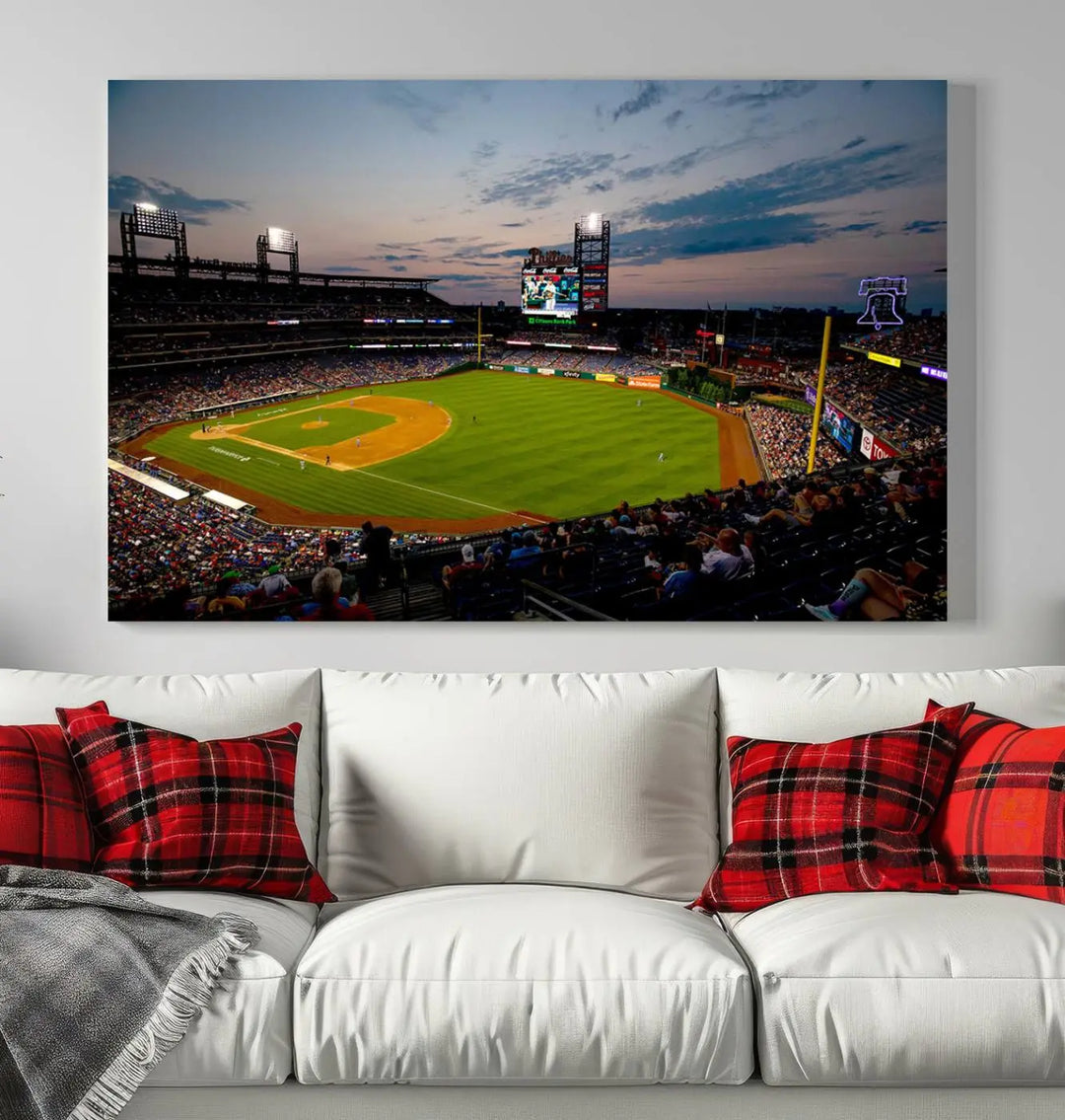 A gallery-quality wall art piece titled "Philadelphia Phillies Baseball Team Print - Citizens Bank Park Stadium Wall Art Canvas Print," showcasing a baseball stadium at sunset, is displayed above the dining area.