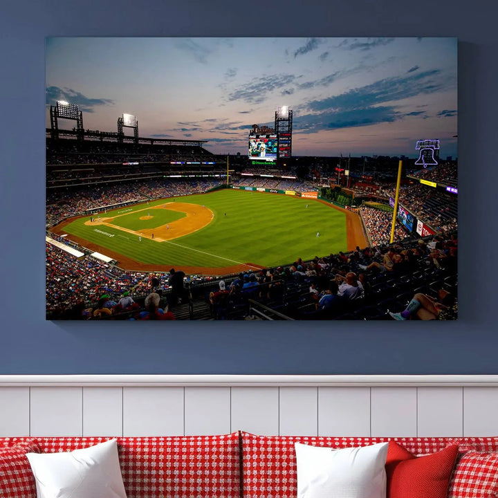 A gallery-quality wall art piece titled "Philadelphia Phillies Baseball Team Print - Citizens Bank Park Stadium Wall Art Canvas Print," showcasing a baseball stadium at sunset, is displayed above the dining area.