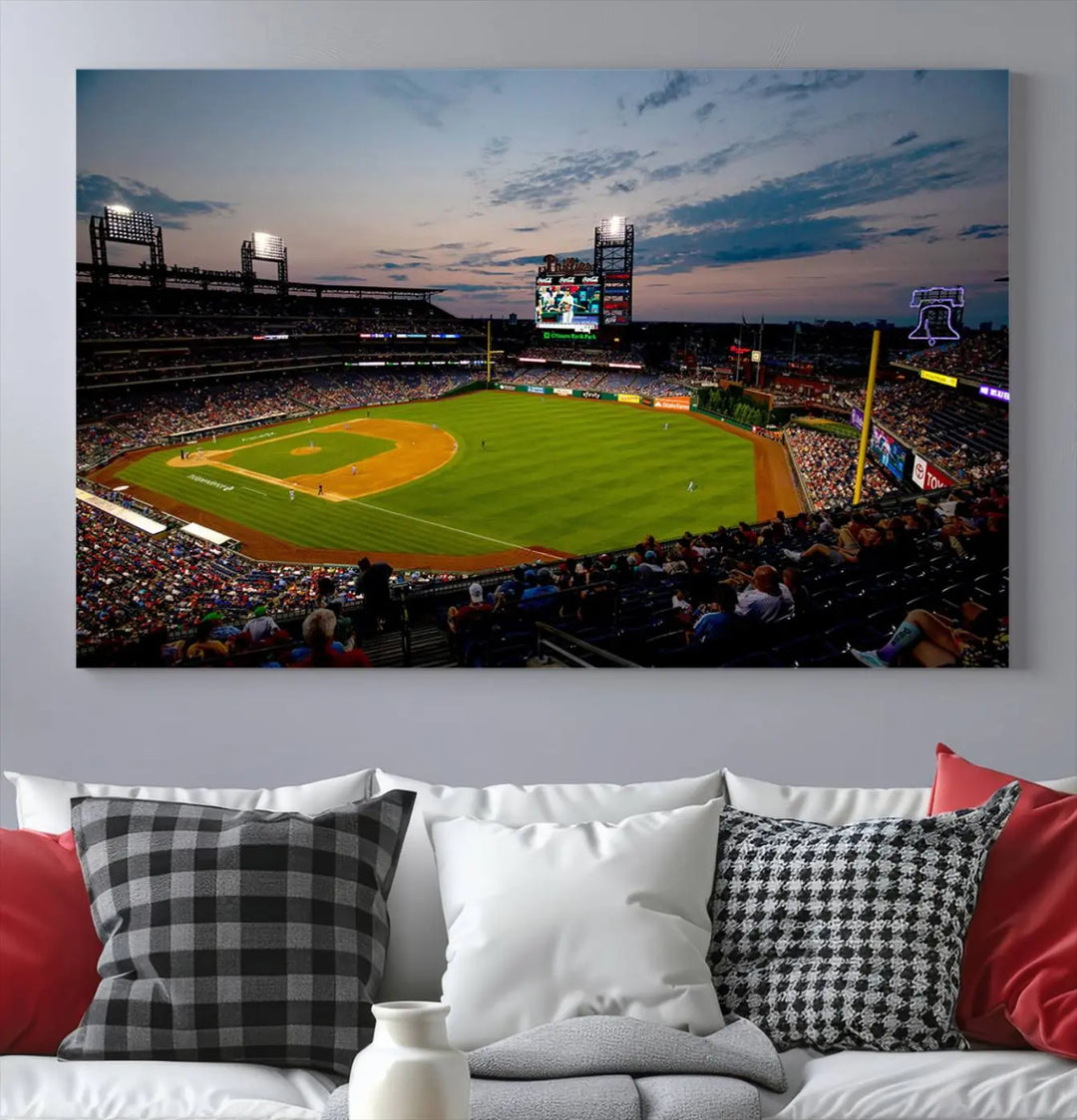 A gallery-quality wall art piece titled "Philadelphia Phillies Baseball Team Print - Citizens Bank Park Stadium Wall Art Canvas Print," showcasing a baseball stadium at sunset, is displayed above the dining area.