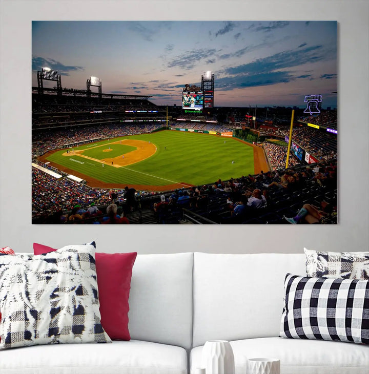 A gallery-quality wall art piece titled "Philadelphia Phillies Baseball Team Print - Citizens Bank Park Stadium Wall Art Canvas Print," showcasing a baseball stadium at sunset, is displayed above the dining area.