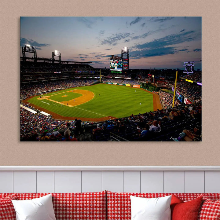 A gallery-quality wall art piece titled "Philadelphia Phillies Baseball Team Print - Citizens Bank Park Stadium Wall Art Canvas Print," showcasing a baseball stadium at sunset, is displayed above the dining area.