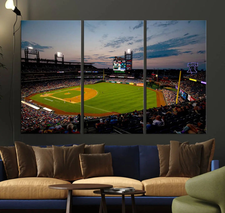 A gallery-quality wall art piece titled "Philadelphia Phillies Baseball Team Print - Citizens Bank Park Stadium Wall Art Canvas Print," showcasing a baseball stadium at sunset, is displayed above the dining area.