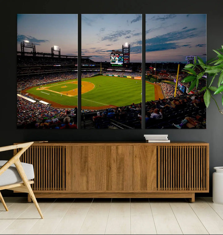 A gallery-quality wall art piece titled "Philadelphia Phillies Baseball Team Print - Citizens Bank Park Stadium Wall Art Canvas Print," showcasing a baseball stadium at sunset, is displayed above the dining area.