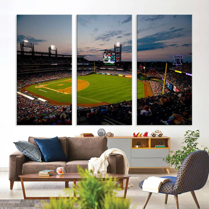 A gallery-quality wall art piece titled "Philadelphia Phillies Baseball Team Print - Citizens Bank Park Stadium Wall Art Canvas Print," showcasing a baseball stadium at sunset, is displayed above the dining area.