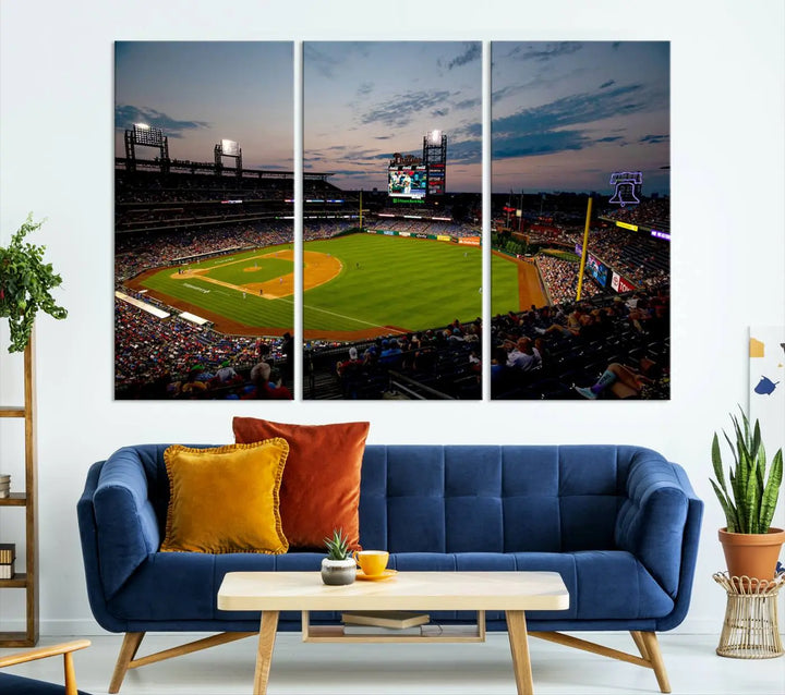 A gallery-quality wall art piece titled "Philadelphia Phillies Baseball Team Print - Citizens Bank Park Stadium Wall Art Canvas Print," showcasing a baseball stadium at sunset, is displayed above the dining area.