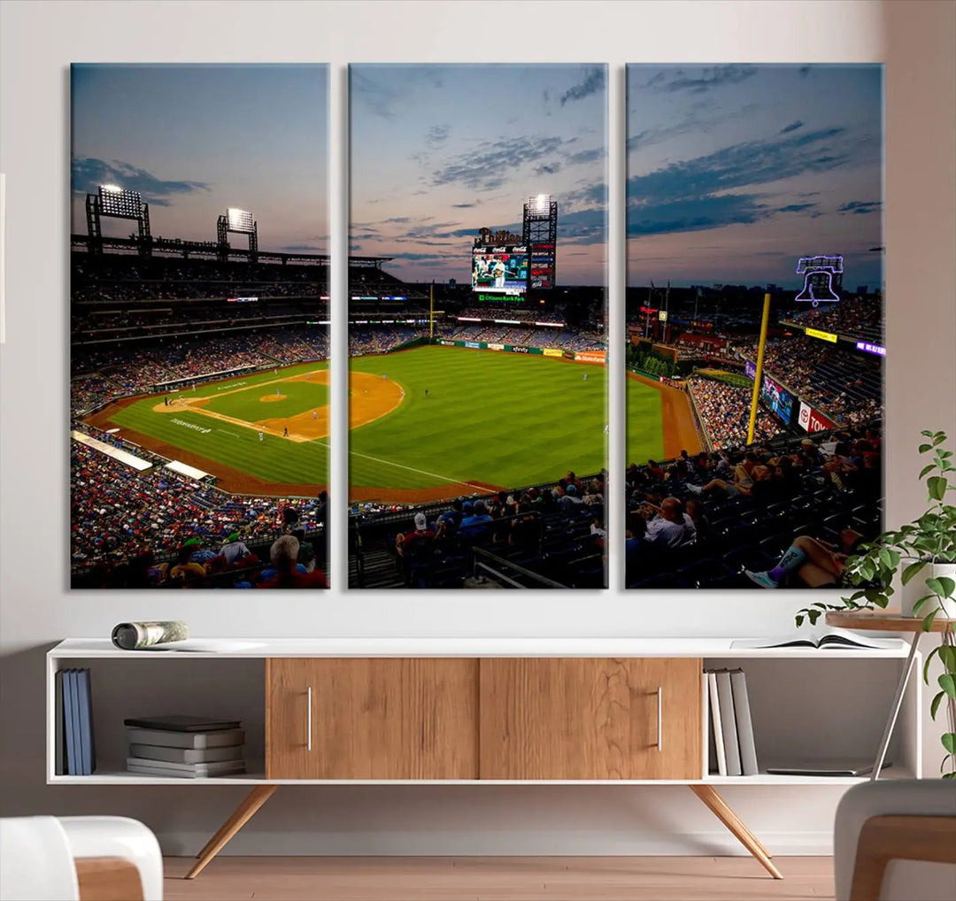 A gallery-quality wall art piece titled "Philadelphia Phillies Baseball Team Print - Citizens Bank Park Stadium Wall Art Canvas Print," showcasing a baseball stadium at sunset, is displayed above the dining area.