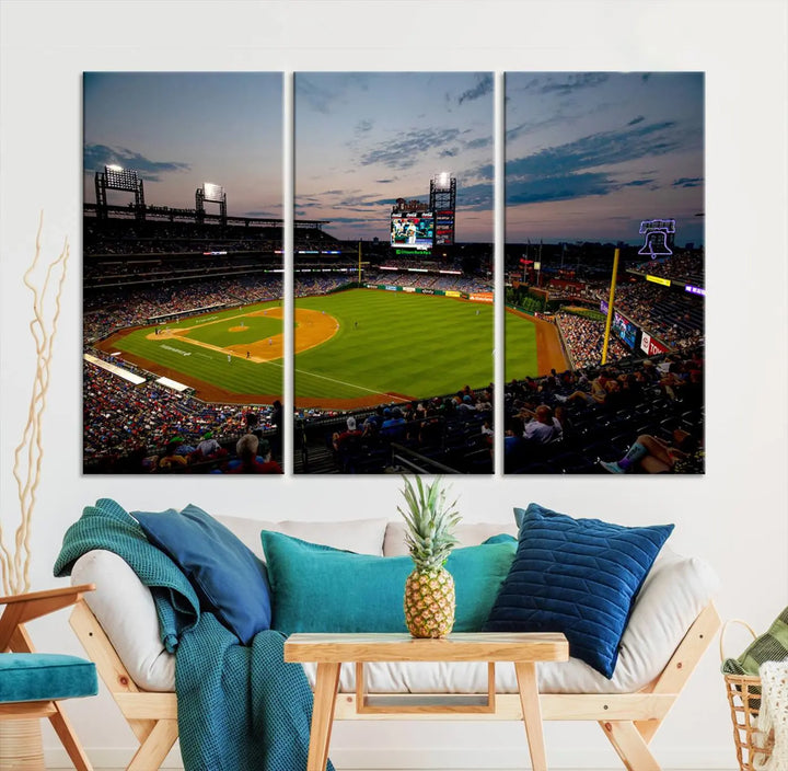 A gallery-quality wall art piece titled "Philadelphia Phillies Baseball Team Print - Citizens Bank Park Stadium Wall Art Canvas Print," showcasing a baseball stadium at sunset, is displayed above the dining area.