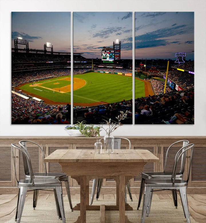 A gallery-quality wall art piece titled "Philadelphia Phillies Baseball Team Print - Citizens Bank Park Stadium Wall Art Canvas Print," showcasing a baseball stadium at sunset, is displayed above the dining area.