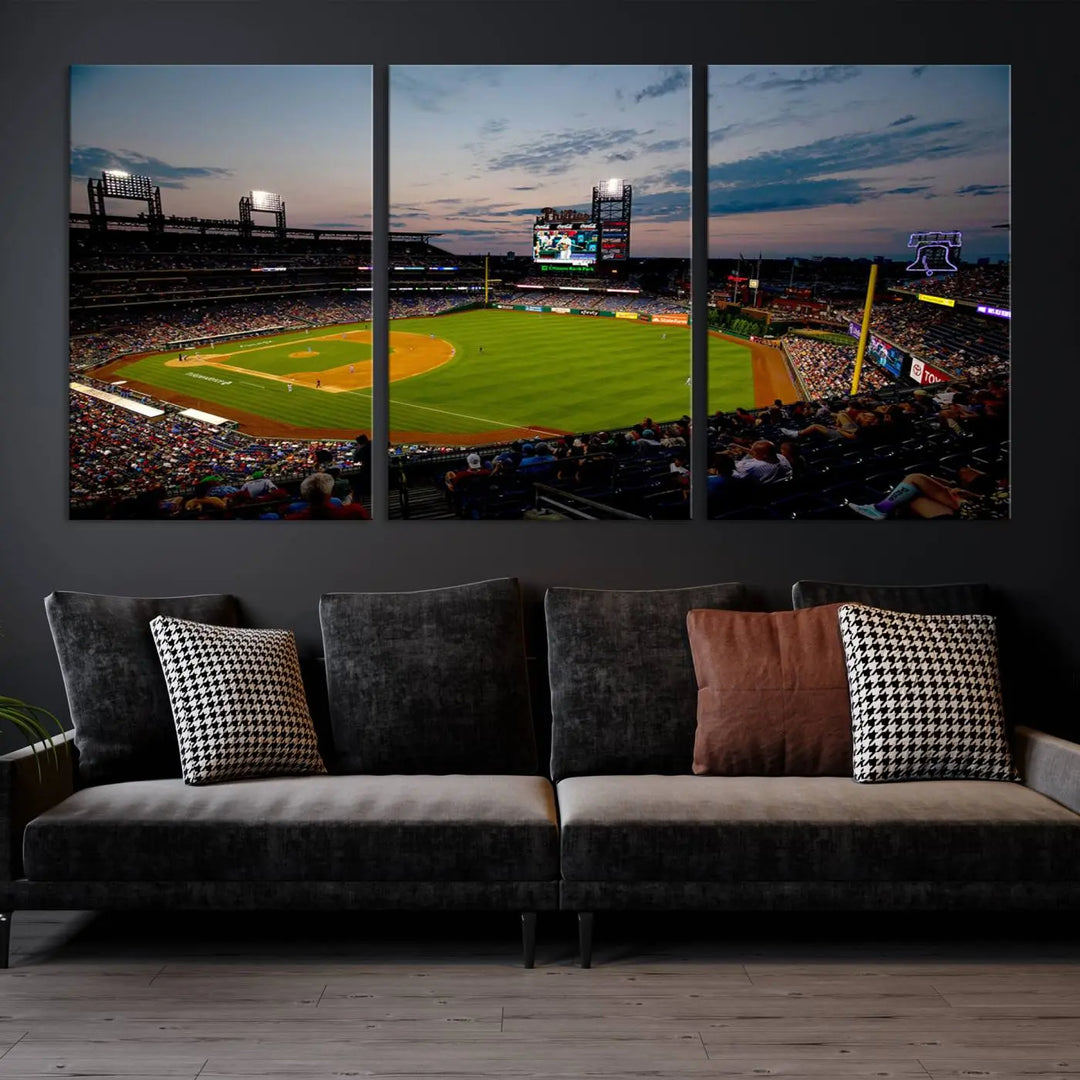 A gallery-quality wall art piece titled "Philadelphia Phillies Baseball Team Print - Citizens Bank Park Stadium Wall Art Canvas Print," showcasing a baseball stadium at sunset, is displayed above the dining area.