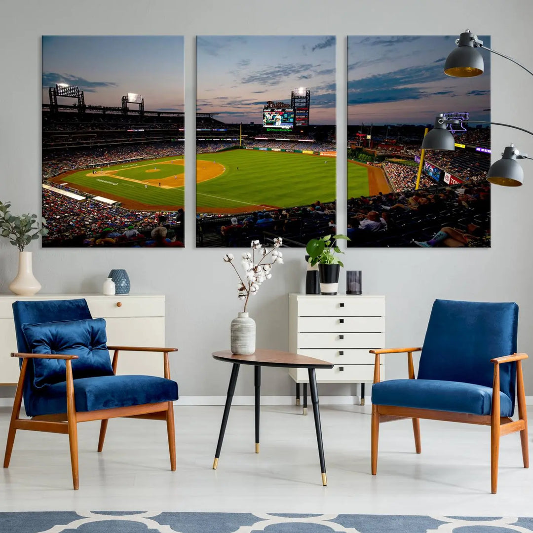 A gallery-quality wall art piece titled "Philadelphia Phillies Baseball Team Print - Citizens Bank Park Stadium Wall Art Canvas Print," showcasing a baseball stadium at sunset, is displayed above the dining area.