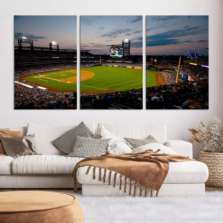 A gallery-quality wall art piece titled "Philadelphia Phillies Baseball Team Print - Citizens Bank Park Stadium Wall Art Canvas Print," showcasing a baseball stadium at sunset, is displayed above the dining area.