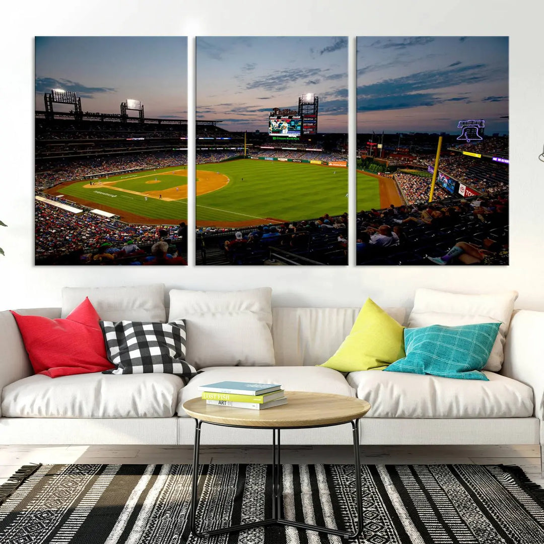 A gallery-quality wall art piece titled "Philadelphia Phillies Baseball Team Print - Citizens Bank Park Stadium Wall Art Canvas Print," showcasing a baseball stadium at sunset, is displayed above the dining area.