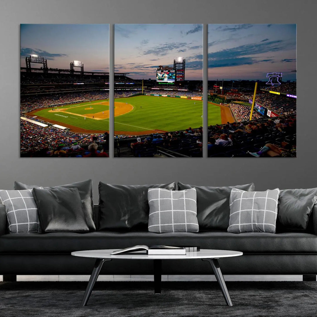 A gallery-quality wall art piece titled "Philadelphia Phillies Baseball Team Print - Citizens Bank Park Stadium Wall Art Canvas Print," showcasing a baseball stadium at sunset, is displayed above the dining area.