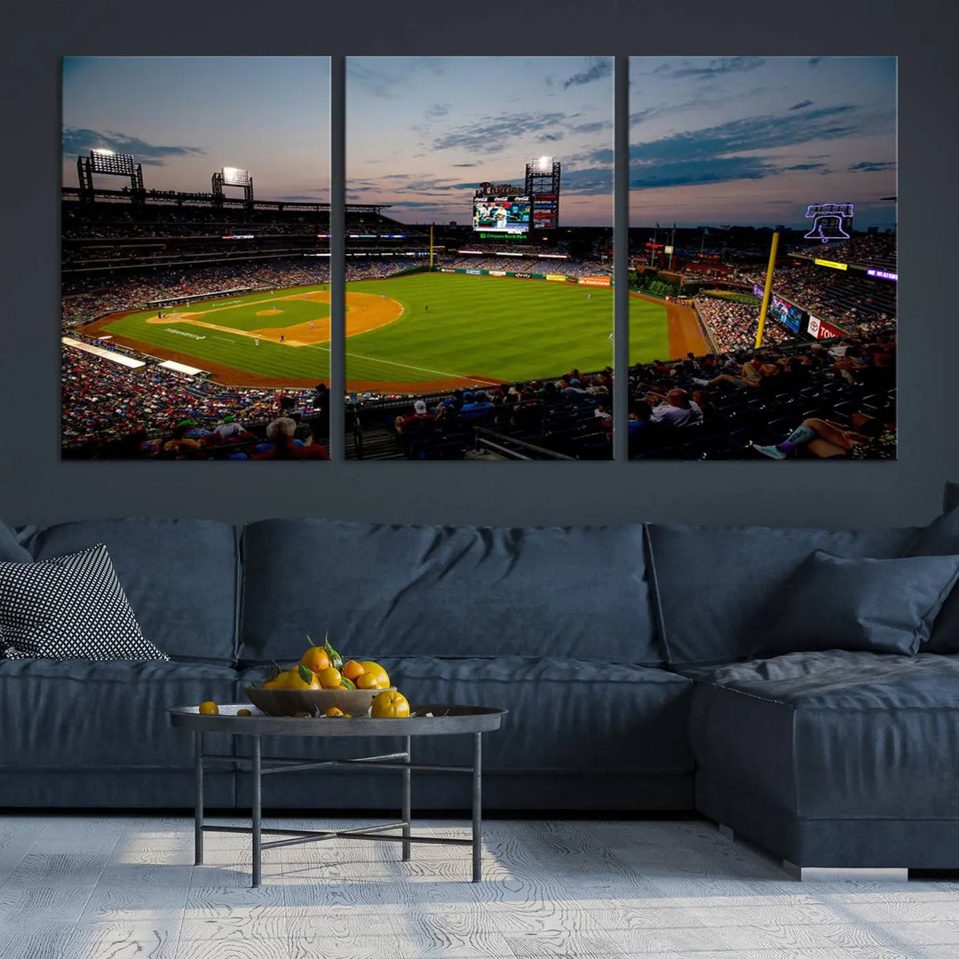 A gallery-quality wall art piece titled "Philadelphia Phillies Baseball Team Print - Citizens Bank Park Stadium Wall Art Canvas Print," showcasing a baseball stadium at sunset, is displayed above the dining area.