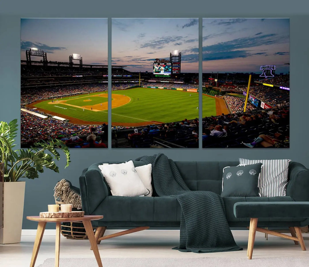 A gallery-quality wall art piece titled "Philadelphia Phillies Baseball Team Print - Citizens Bank Park Stadium Wall Art Canvas Print," showcasing a baseball stadium at sunset, is displayed above the dining area.