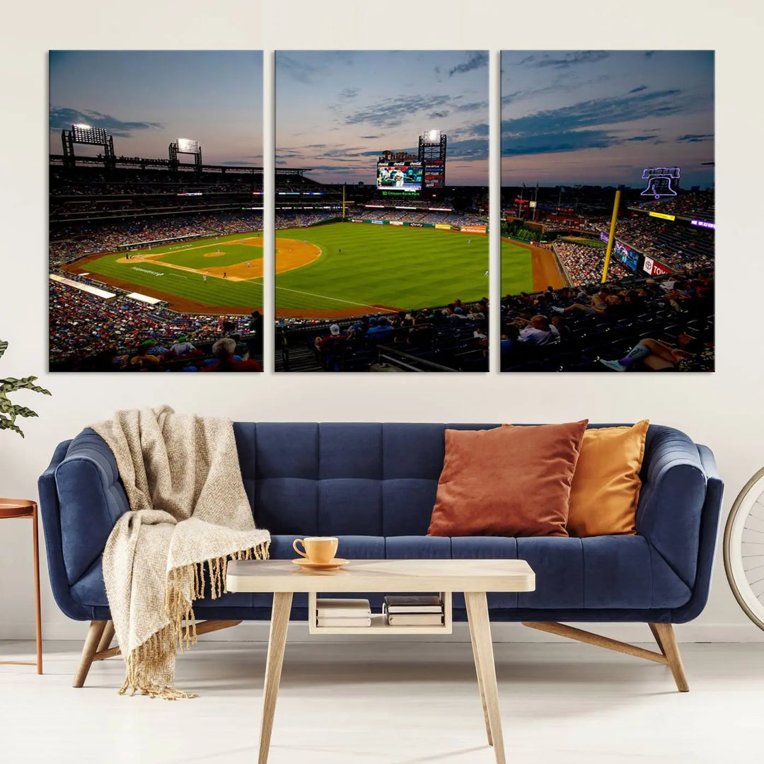 A gallery-quality wall art piece titled "Philadelphia Phillies Baseball Team Print - Citizens Bank Park Stadium Wall Art Canvas Print," showcasing a baseball stadium at sunset, is displayed above the dining area.