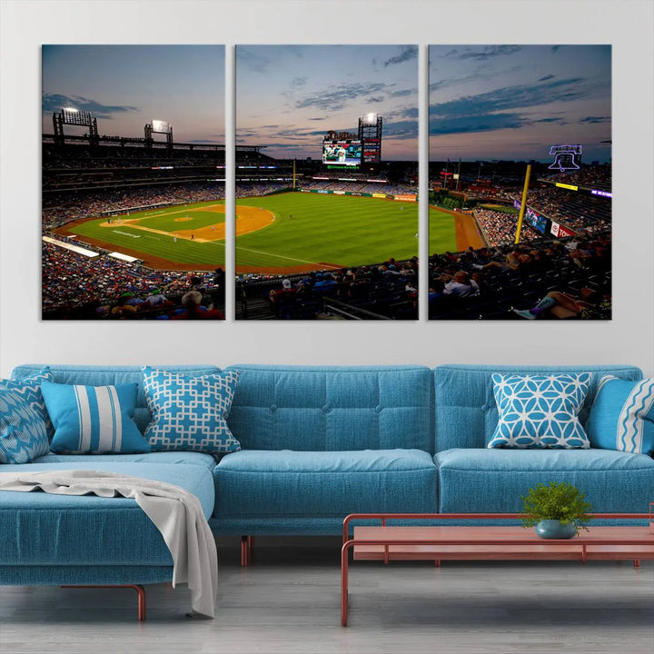 A gallery-quality wall art piece titled "Philadelphia Phillies Baseball Team Print - Citizens Bank Park Stadium Wall Art Canvas Print," showcasing a baseball stadium at sunset, is displayed above the dining area.