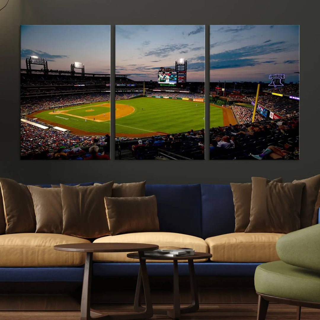 A gallery-quality wall art piece titled "Philadelphia Phillies Baseball Team Print - Citizens Bank Park Stadium Wall Art Canvas Print," showcasing a baseball stadium at sunset, is displayed above the dining area.