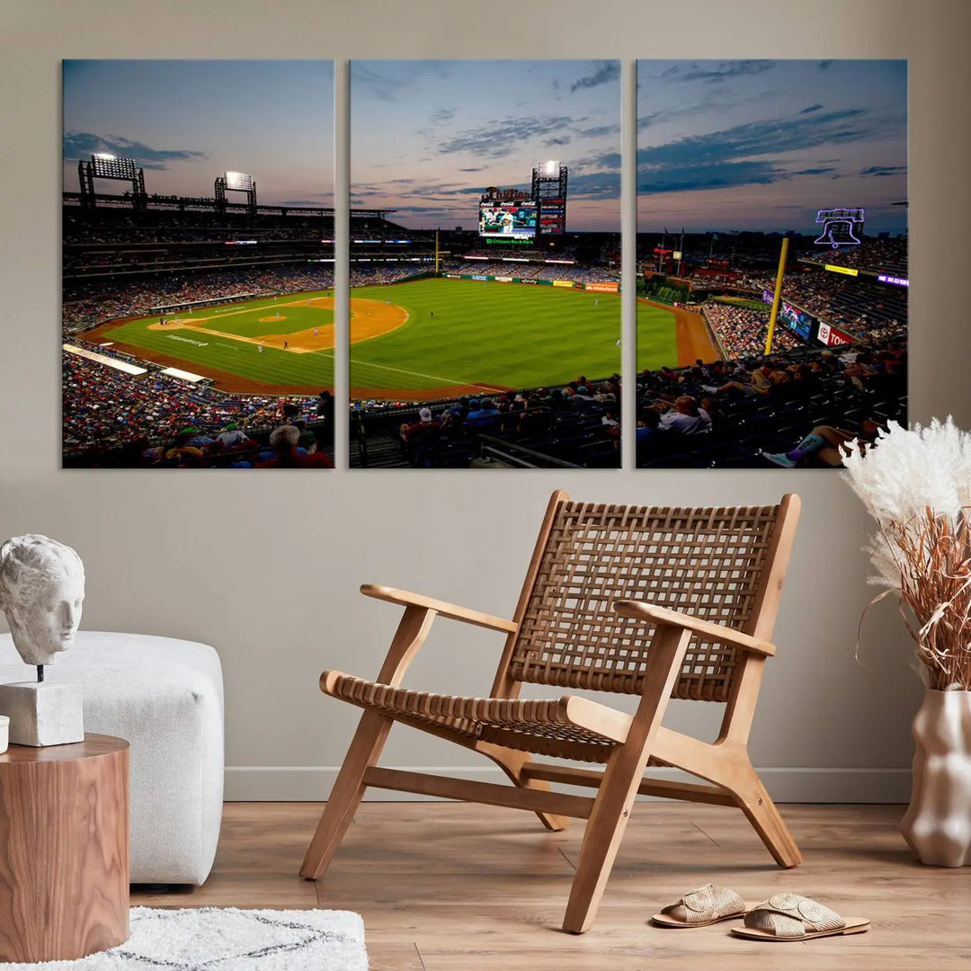 A gallery-quality wall art piece titled "Philadelphia Phillies Baseball Team Print - Citizens Bank Park Stadium Wall Art Canvas Print," showcasing a baseball stadium at sunset, is displayed above the dining area.