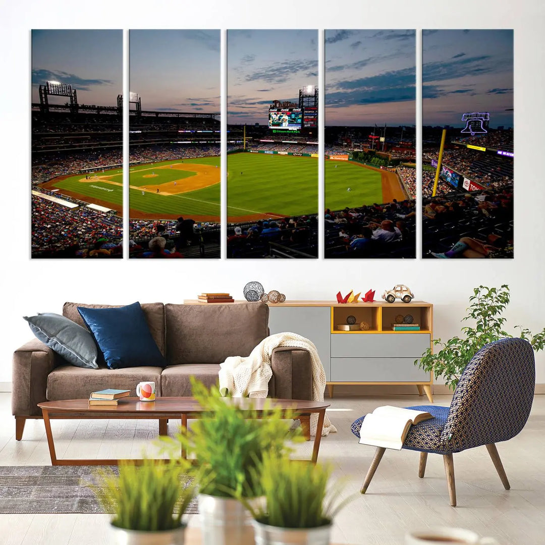 A gallery-quality wall art piece titled "Philadelphia Phillies Baseball Team Print - Citizens Bank Park Stadium Wall Art Canvas Print," showcasing a baseball stadium at sunset, is displayed above the dining area.