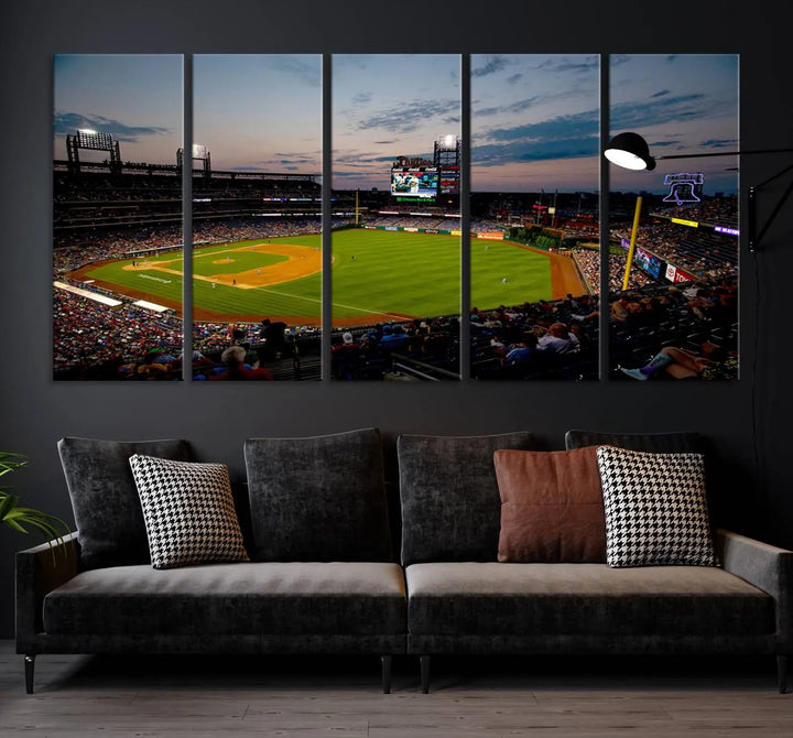 A gallery-quality wall art piece titled "Philadelphia Phillies Baseball Team Print - Citizens Bank Park Stadium Wall Art Canvas Print," showcasing a baseball stadium at sunset, is displayed above the dining area.