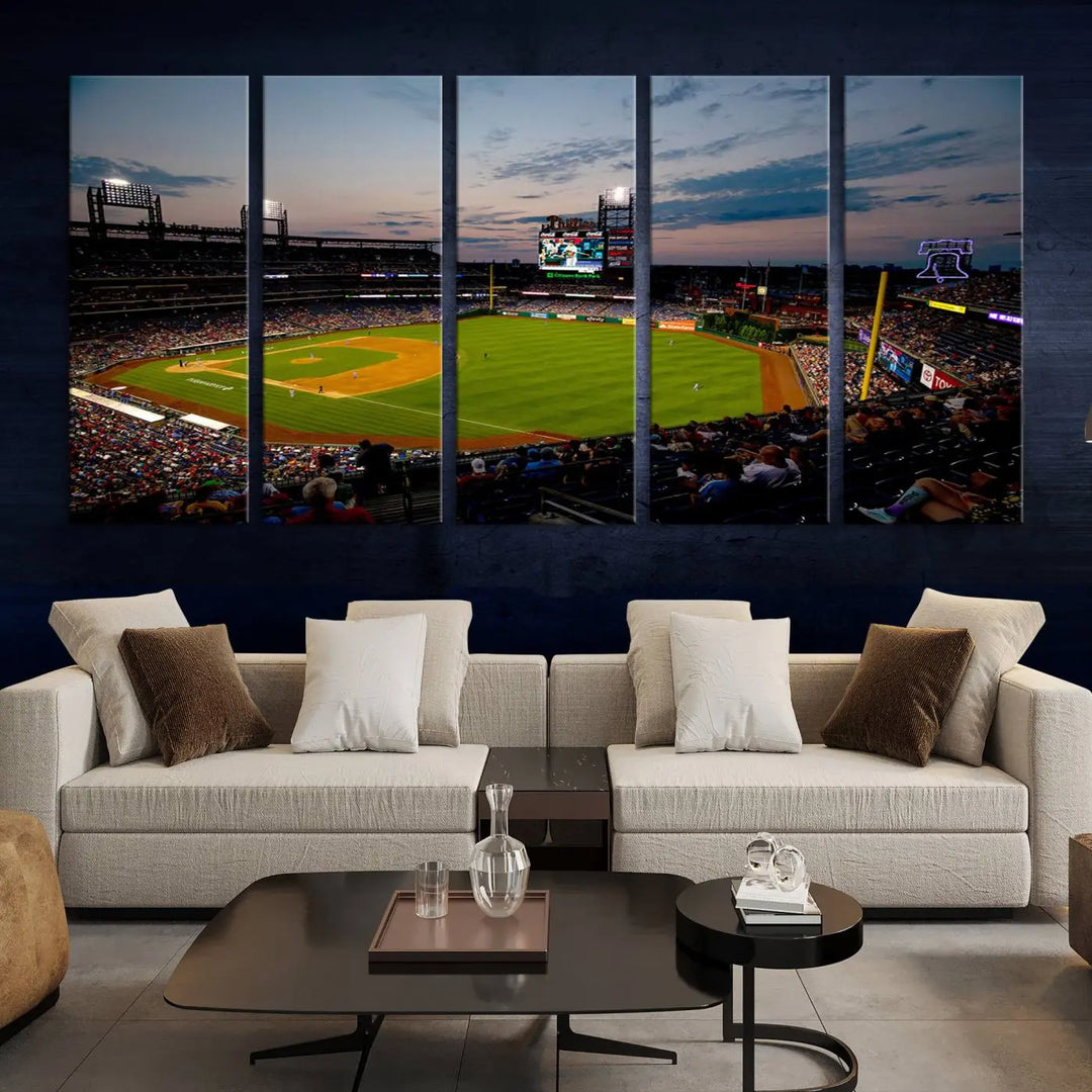 A gallery-quality wall art piece titled "Philadelphia Phillies Baseball Team Print - Citizens Bank Park Stadium Wall Art Canvas Print," showcasing a baseball stadium at sunset, is displayed above the dining area.