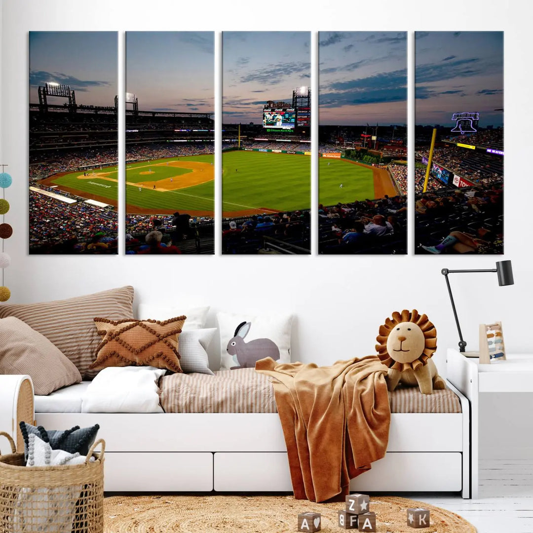 A gallery-quality wall art piece titled "Philadelphia Phillies Baseball Team Print - Citizens Bank Park Stadium Wall Art Canvas Print," showcasing a baseball stadium at sunset, is displayed above the dining area.