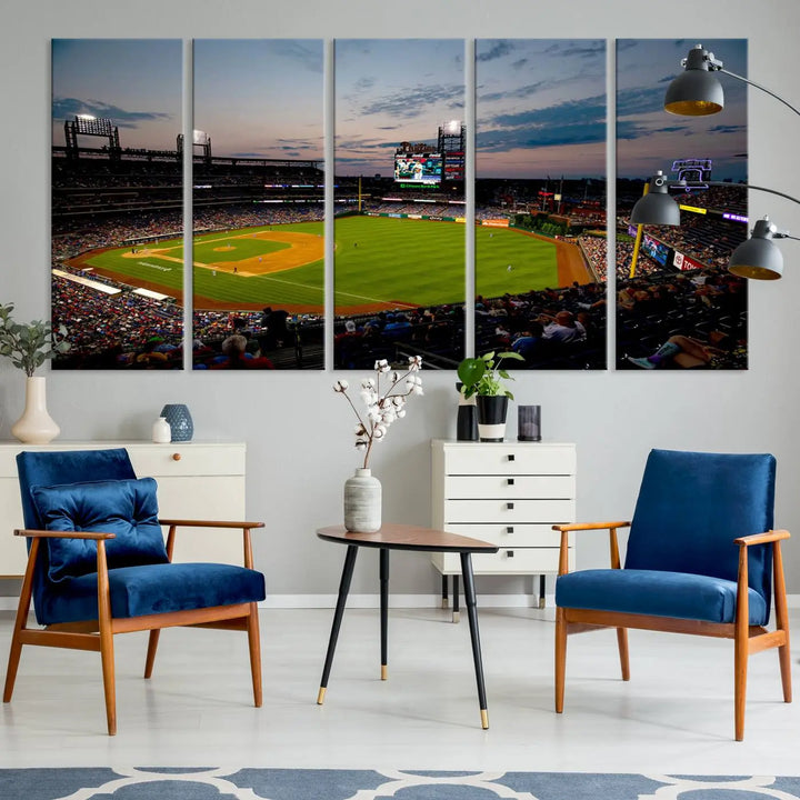 A gallery-quality wall art piece titled "Philadelphia Phillies Baseball Team Print - Citizens Bank Park Stadium Wall Art Canvas Print," showcasing a baseball stadium at sunset, is displayed above the dining area.