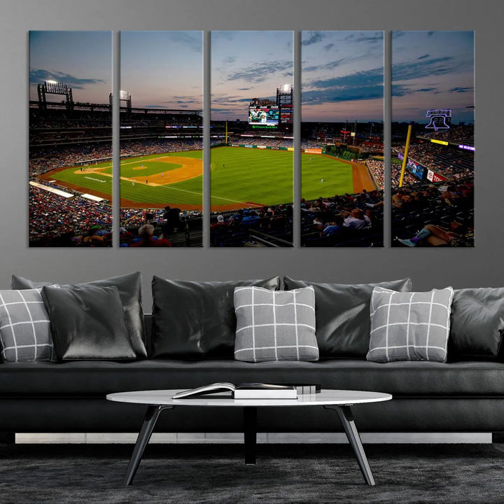 A gallery-quality wall art piece titled "Philadelphia Phillies Baseball Team Print - Citizens Bank Park Stadium Wall Art Canvas Print," showcasing a baseball stadium at sunset, is displayed above the dining area.