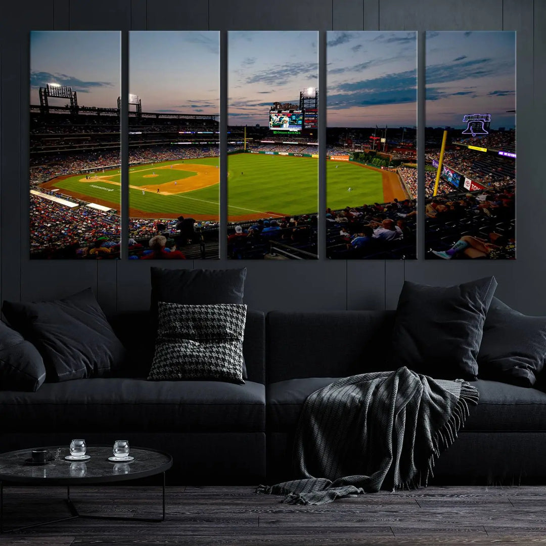 A gallery-quality wall art piece titled "Philadelphia Phillies Baseball Team Print - Citizens Bank Park Stadium Wall Art Canvas Print," showcasing a baseball stadium at sunset, is displayed above the dining area.