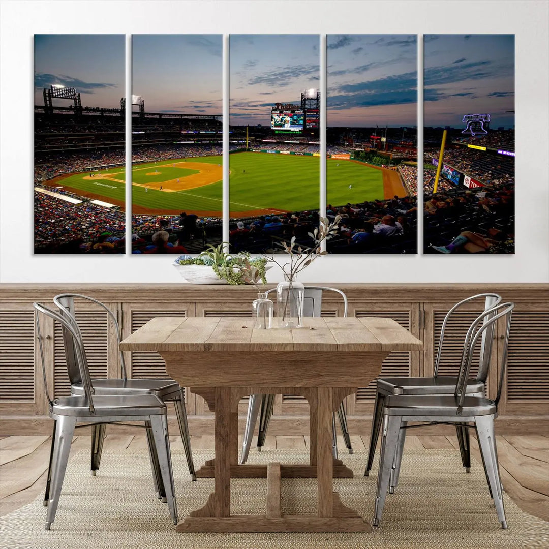 A gallery-quality wall art piece titled "Philadelphia Phillies Baseball Team Print - Citizens Bank Park Stadium Wall Art Canvas Print," showcasing a baseball stadium at sunset, is displayed above the dining area.